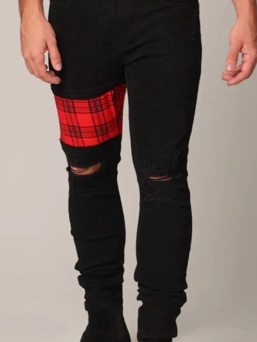 Men's Saint Morta Sideline Black Skinny Distressed Jeans Red Plaid Knee Panel